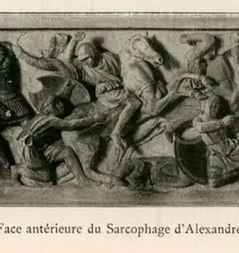 Relief sculpture on the Alexander Sarcophagus showing a chaotic battle scene with mounted and foot soldiers.
