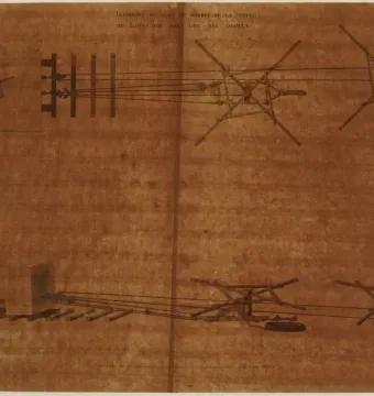 Technical drawing showing a marble block for the Equestrian Statue of Louis XIII being moved on a wooden cradle with ropes, winches, and pulleys.