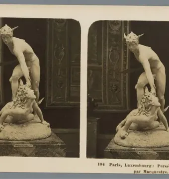 Sepia stereoscopic photograph of Perseus and the Gorgon sculpture, showing a nude Perseus with a winged helmet poised over Medusa.