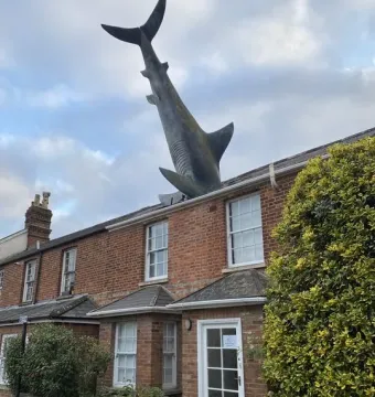 The Headington Shark sculpture protruding headfirst from the roof of a red brick house in Oxford.