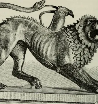 The Chimera of Arezzo, a bronze sculpture of a lion with a goat’s head on its back and a serpent tail, shown in a lunging pose.