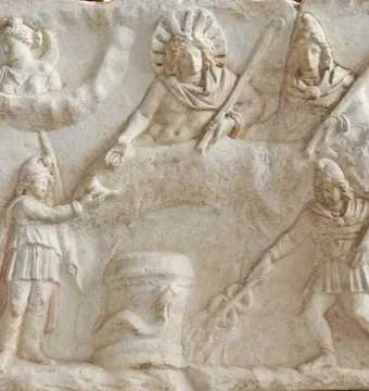 Mithras of Fiano Romano relief showing Sol and another figure above a central altar with a serpent, flanked by attendants.