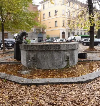 Saint Francis Fountain beside a basin covered with fallen autumn leaves, with a robed statue holding a red rose.