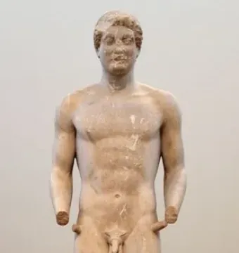 Aristodikos Kouros, a nude marble male statue with short curly hair and broken arms on a rectangular base.