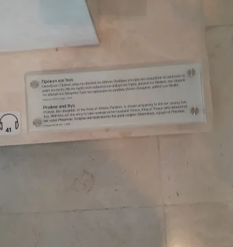 Museum label for Procne and Itys with bilingual Greek and English text and an audio guide icon.