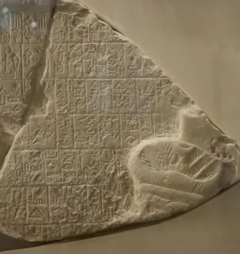 Stele of the Vultures fragment showing rows of carved cuneiform and a small animal relief in the lower right