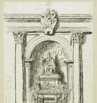 Pen-and-ink drawing of the Tomb of Pope Urban VIII with a seated pope figure, sarcophagus, and reclining allegorical figures beneath an ornate arch