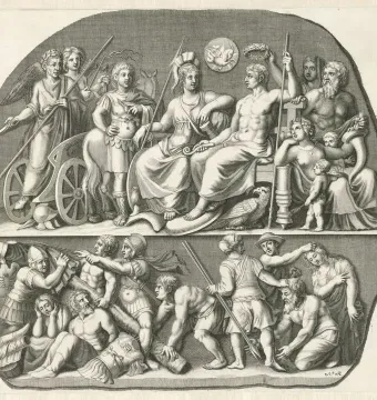 Gemma Augustea engraving showing a two-tiered classical scene with divine figures above and soldiers with captives below.