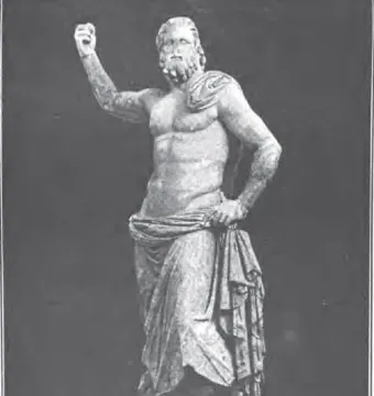 Poseidon of Melos, a bearded male statue with one arm raised and a draped garment around the lower body.