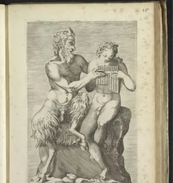 Pan and Daphne sculpture showing a satyr teaching a youthful nude figure to play pan pipes.