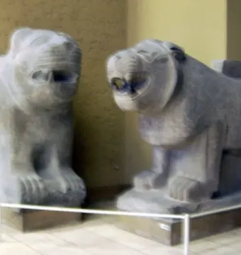 Two Sam\'al lion sculptures in stone displayed indoors on dark bases with a white railing in front.