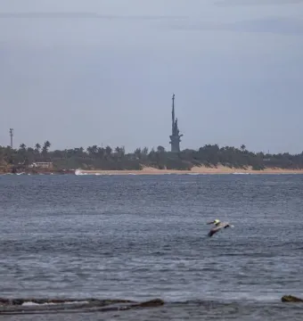 Birth of the New World sculpture on a wooded coastline with waves and a pelican flying over the water.