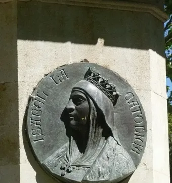 Bronze medallion of Isabel la Católica mounted on the Monument to Columbus in Salamanca.