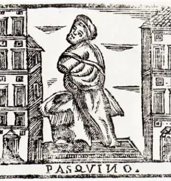 Woodcut print of the Pasquino statue flanked by buildings, with the word Pasquino below.