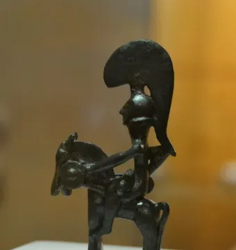 Warrior of Moixent bronze figurine of a rider on horseback with a crested helmet and round shield