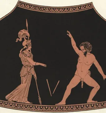 Athena and Marsyas depicted in a red-figure vase painting, with a helmeted woman holding a spear facing a nude bearded man with an animal tail.