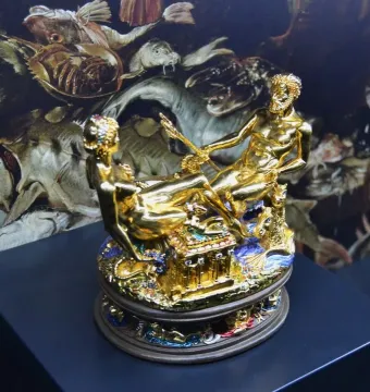 Cellini Salt Cellar with gilded reclining male and female figures on an ornate enamelled base
