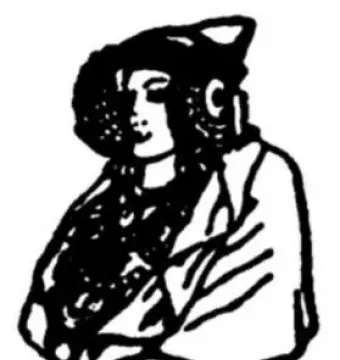 Black and white line drawing of the Lady of Elche bust with an ornate headdress and large ear coverings.