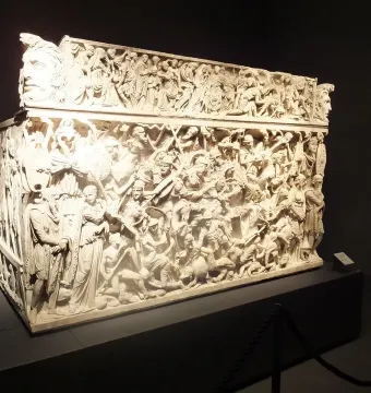 Portonaccio Sarcophagus with a high-relief battle scene and sculpted figures on the lid