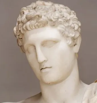 Hermes Belvedere marble sculpture showing the head and upper torso with curly hair and a draped shoulder.