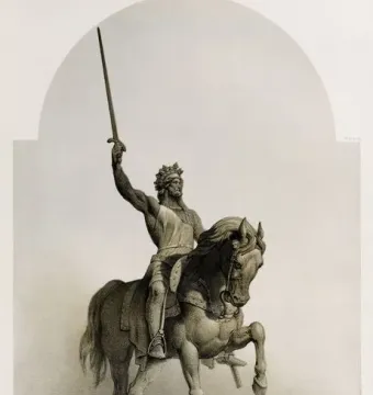 Monochrome illustration of the Richard Coeur de Lion equestrian statue, showing a crowned armored rider with a raised sword on a rearing horse.