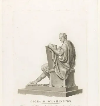 George Washington seated in classical attire, writing on a tall tablet beside an ornate chair.