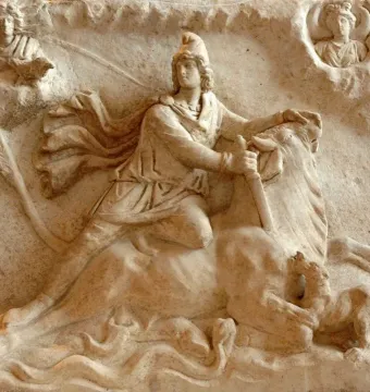 Mithras of Fiano Romano relief showing Mithras slaying the bull, with celestial figures above and a dog and snake below.