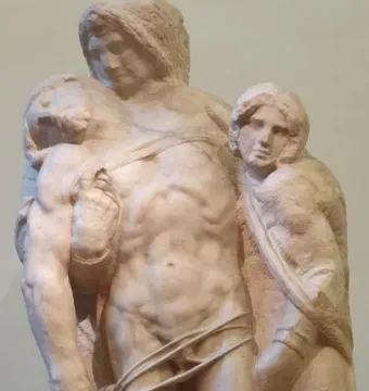 Palestrina Pietà, a partially carved marble sculpture of three figures with a central draped body supported by two others.