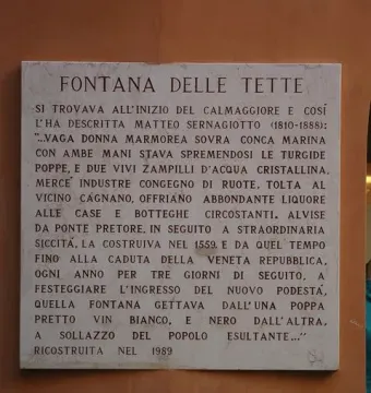 Marble plaques on a reddish-brown wall beside the Fontana delle Tette, with one plaque in uppercase text and a smaller cursive plaque below.