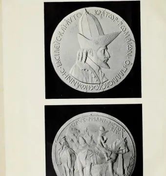 Relief medal of John VIII Palaiologos with a bearded profile bust in a tall ridged hat and a second medal showing mounted figures.