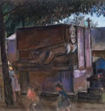 Oscar Wilde\'s tomb shown as a large rectangular monument with a reclining winged figure, set among cemetery trees and graves with people in the foreground.