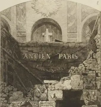 Stone fragments from the Nautae Parisiaci Pillar with carved figures, animals, and Latin inscriptions, stacked beneath an inscribed wall marked \