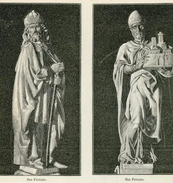 Engraving of Saint Petronius, a robed bishop with a mitre holding a miniature fortified city.