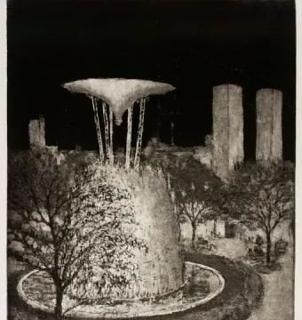 Tyler Davidson Fountain shown at night, with a glowing basin and flared top beneath a dark sky.