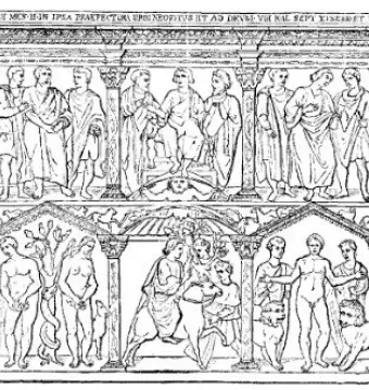 Line drawing of the Sarcophagus of Junius Bassus with two tiers of carved scenes and figures in framed compartments.