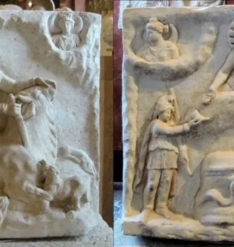Mithras of Fiano Romano relief showing Mithras slaying a bull, with celestial figures above and animals below.