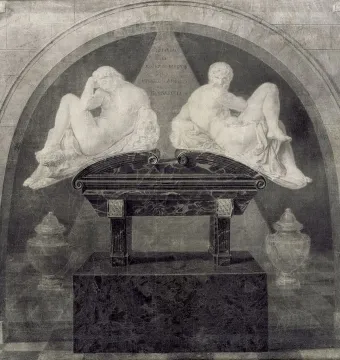 Monochrome drawing of the Tomb of Giuliano de\' Medici in an arched niche, with reclining figures atop a decorated sarcophagus.