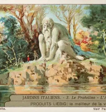 The Apennine Colossus, a colossal bearded stone figure, squats among trees and rocks beside the water.