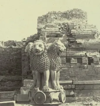Lion Capital of Ashoka sculpture with two lions and a partially visible third lion head atop a decorated capital with wheels.