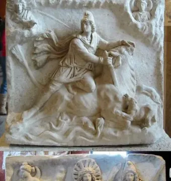 Mithras of Fiano Romano relief showing a bull-slaying scene above a banquet scene with several figures around an altar.