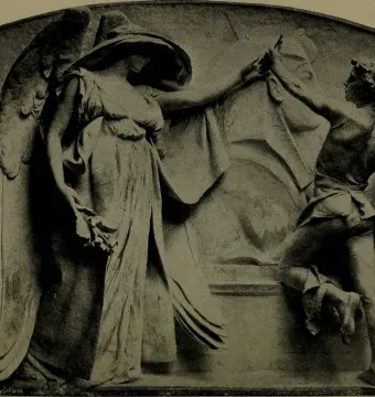 Relief sculpture of Death and the Sculptor showing a winged female figure in a hat restraining a sculptor beside a draped bust.