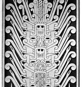 Raimondi Stela with a tall carved panel showing a central anthropomorphic figure and radiating stylized forms.