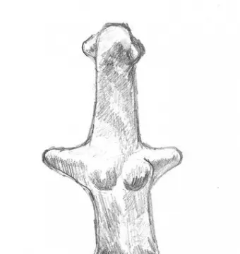 Pencil drawing of the Venus of Langenzersdorf, showing a stylized female figurine with an elongated neck and rounded hips.
