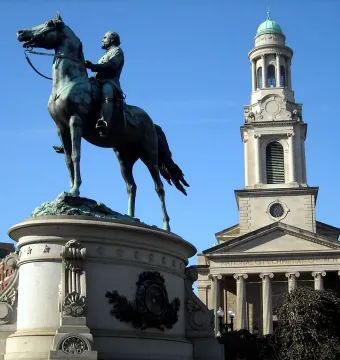 George Henry Thomas equestrian statue in front of the National City Christian Church steeple and dome