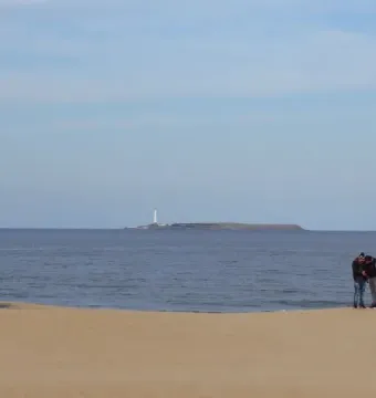 The Hand sculpture rising from the sand on a beach with the ocean and a distant island behind it.