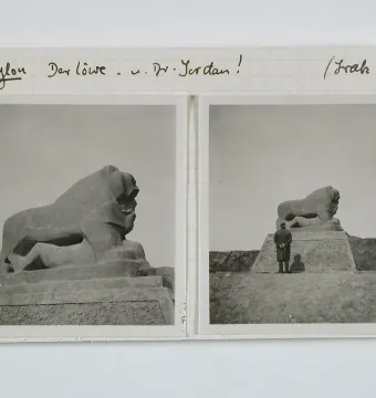 Two black-and-white views of the Lion of Babylon monument, showing a stone lion on a tiered base with a person standing beside it in one view.