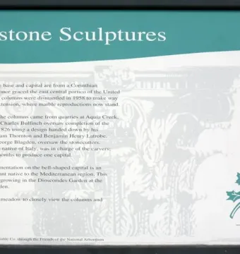 Informational sign for the Capitol Columns with text and a teal acanthus leaf graphic.