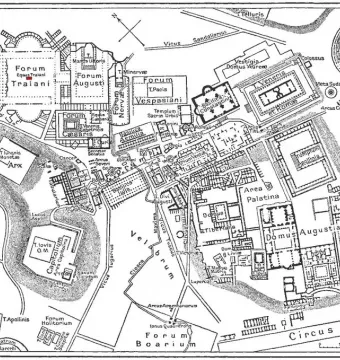 Equus Traiani marked as a red dot on a black-and-white map of ancient Rome.