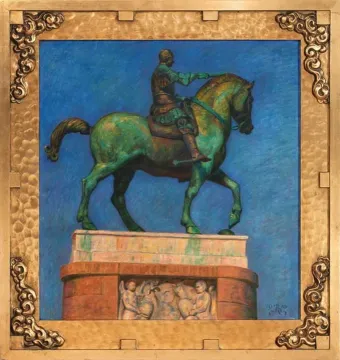 Gattamelata equestrian statue on a pedestal against a blue background