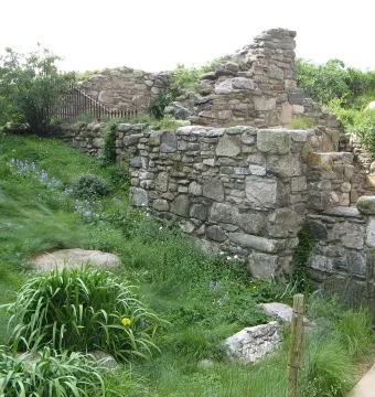 Grassy hillside with wildflowers, weathered stone walls, a wooden fence, and a path on the Irish Hunger Memorial.